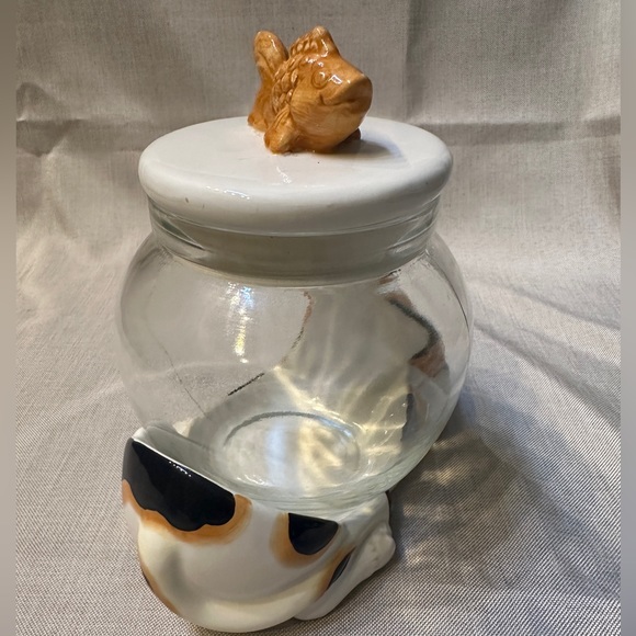 Vintage Calico Cat w/ Goldfish Bowl Lid Cookie Treat Jar - Picture 5 of 12